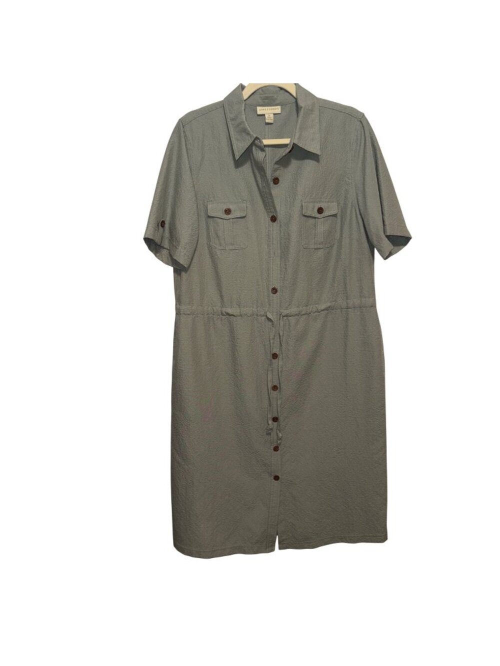 Appleseeds Green Shirt Dress Button Front Drawstring Waist Pockets Size 14